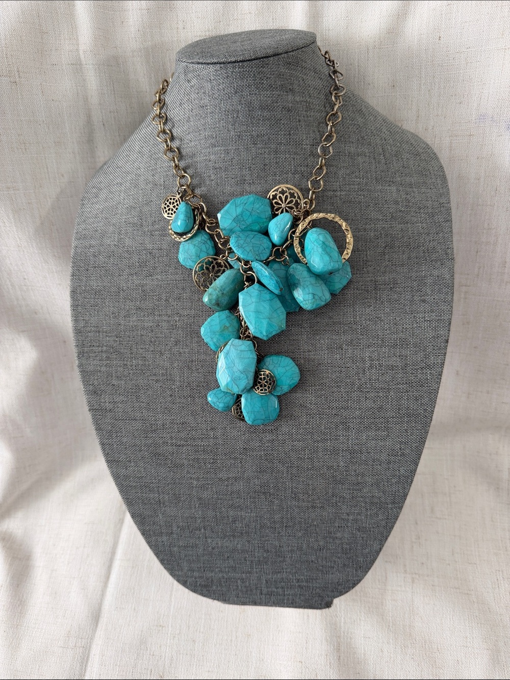 Turquoise Cluster Statement Necklace with Antique Gold Accents